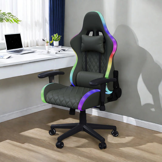 Ergonomic Gaming Chair with Massage Function, RGB LED, 90-135 Degree Recline, Up to 130kg, Office Chair, Premium Leather, Black