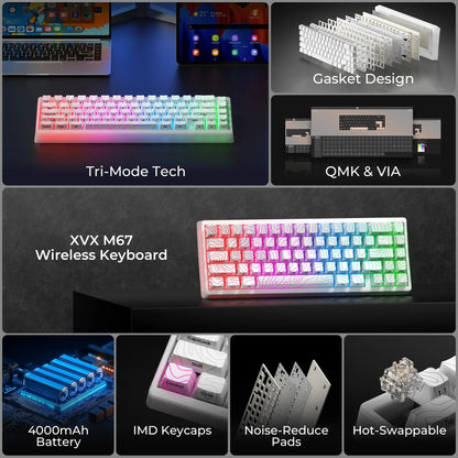 Teclado mecânico XVX M67 JadeStone com teclas IMD-Tech, hot-swappable, gasket, tri-mode, RGB personalizado, sem fios, 65%