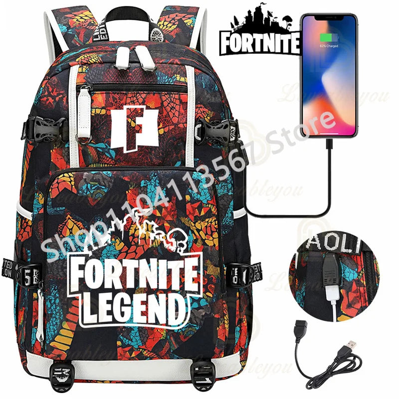Mochila Yule Trooper F-Fortnited Battle Royale com carregamento USB, figuras anime e compartimento para material escolar para estudantes