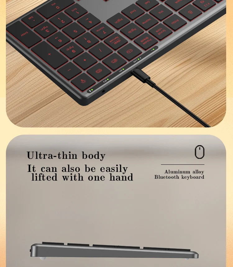 Backlight Bluetooth Keyboard Multi-Device Full Size Wireless Keyboard with Number Pad, Rechargeable Slim Multimedia Keyboard