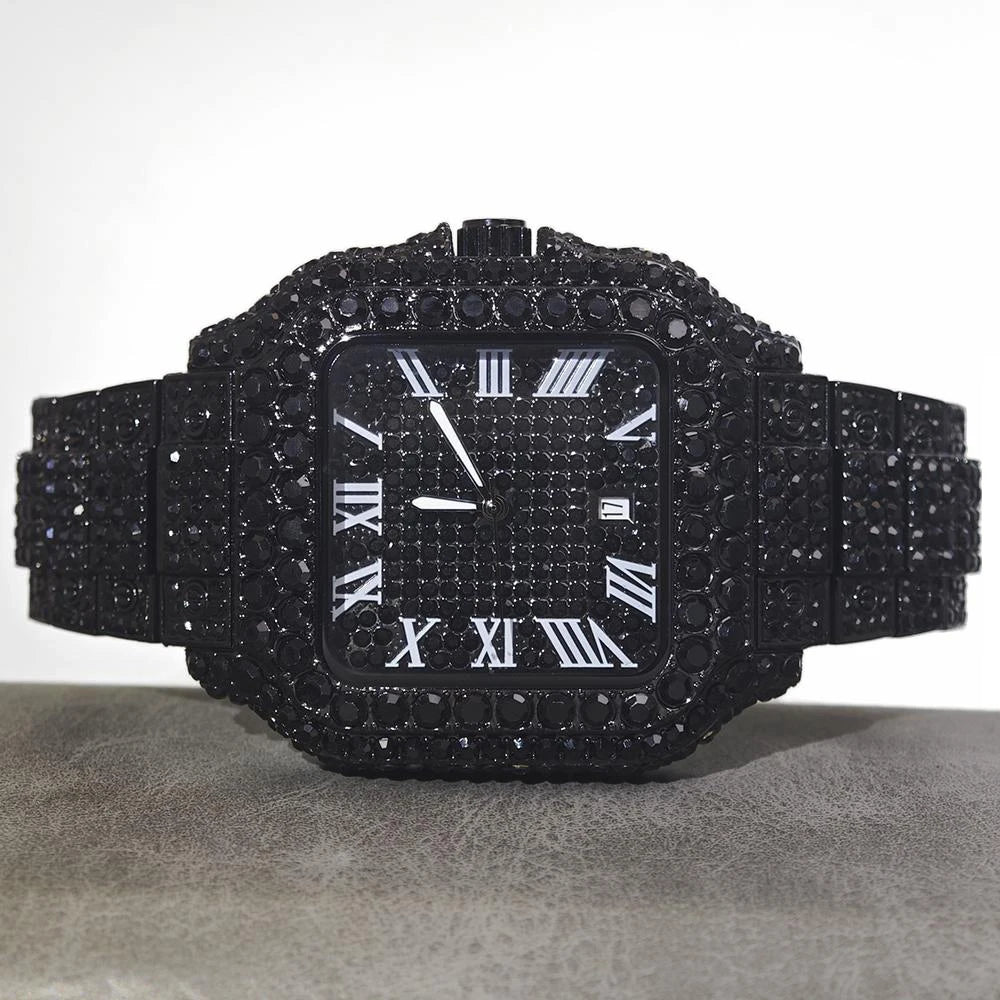 UNIGUET Cool Men's Watch Luxury Stainless Steel Quartz Watch Hip Hop Black Diamond Square Design Fashion Iced Wristwatch for Men