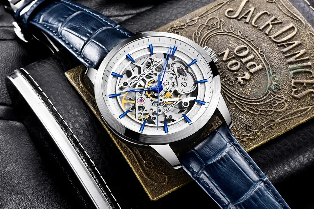 PAGANI DESIGN Új, csontvázszerkezetű férfi mechanikus karórák – csúcsminőségű luxus automata karórák férfiaknak, kék bőr szíjjal, vízálló karóra férfiaknak