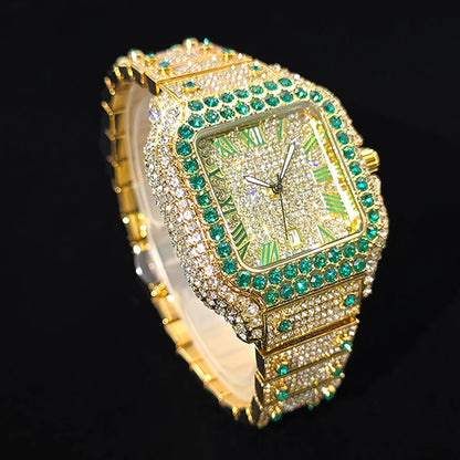 Gold Watch For Men Hip Hop Luxury Green Diamond Quartz Watches Fashion Iced Jewelry Clock Dropshipping