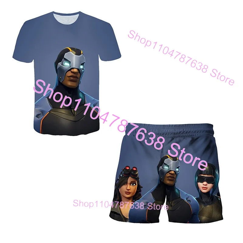 Conjunto Infantil 2 Peças F-Fortnited Victory 3D, T-shirt e Calções para Meninas e Meninos, Roupa Battle Royale, T-shirts Harajuku Hero