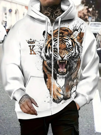 Sweatshirt com capuz e fecho para homem 2025, manga comprida, gráfico de tigre, estilo casual outdoor, com cordão e bolsos