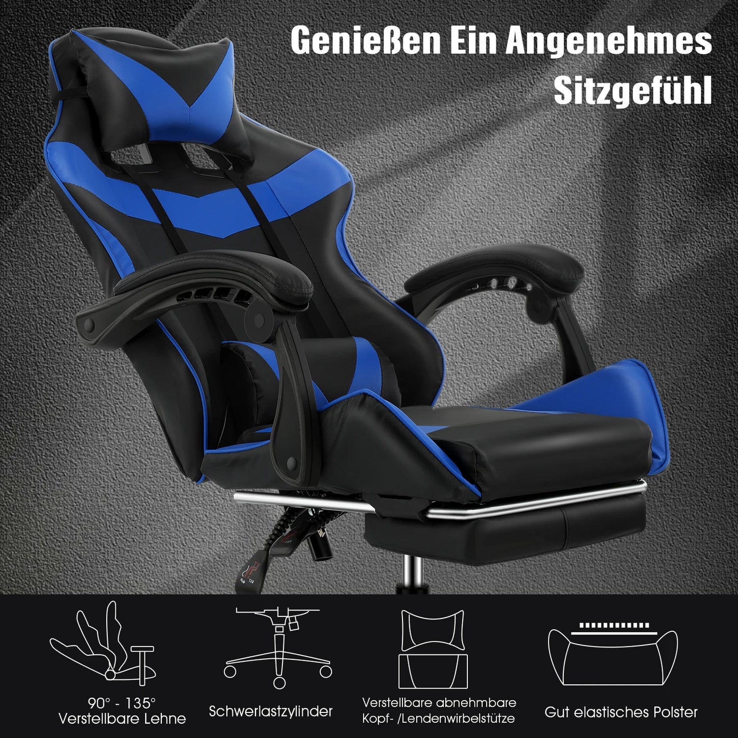 Gaming Massage Chair, Computer Chair + Footrest and Lumbar Support, Height Adjustable Gaming Chair + 360°-Swivel Seat + Headrest