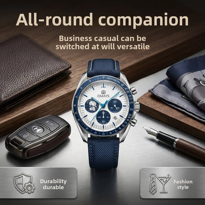OMAYS Men's Luxury Sport Watch, 50th Anniversary Edition, Blue Nylon Band, Chronograph Quartz Wristwatch