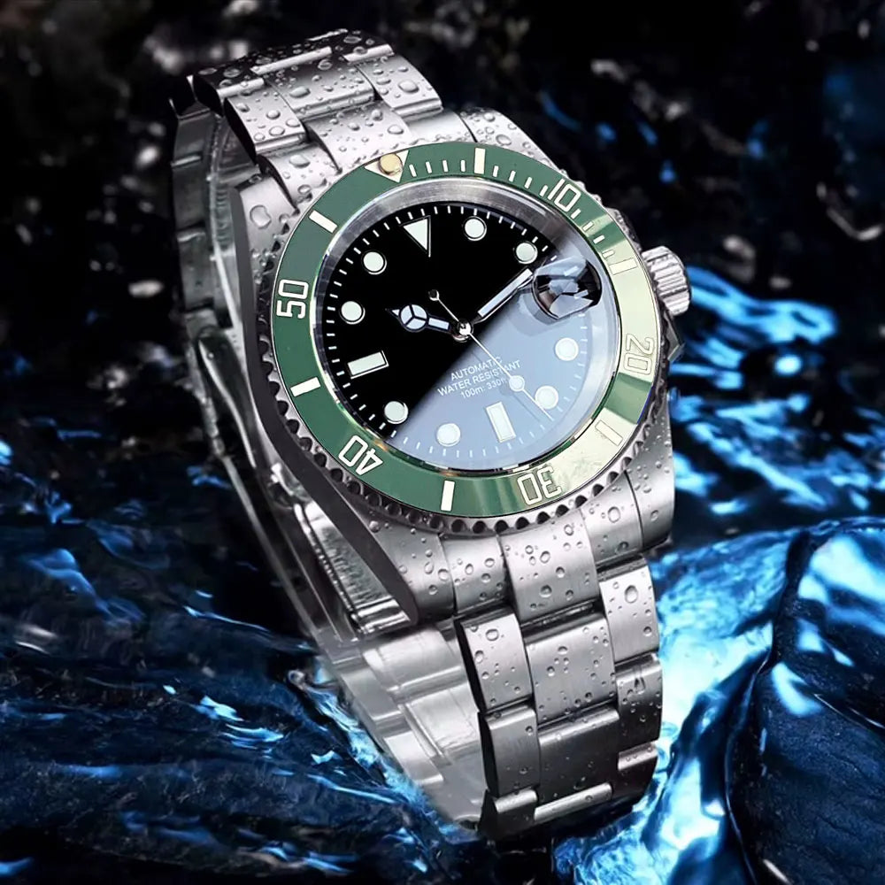 Relógio de Homem Automático Miyota8215 Impermeável 200m, Relógio de Mergulho 40mm com Movimento Mecânico, Luminoso, Bracelete Jubilee e Fecho Glide Lock