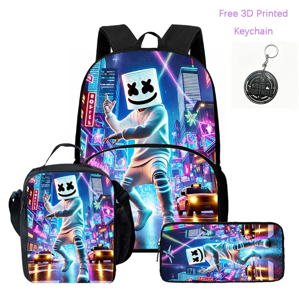 3Pcs FORTNITE Cartoon School Set Lightweight Backpack Front Pocket Lunch & Pencil Case For Kids Age 5-9 Free 3D Printed Keychain