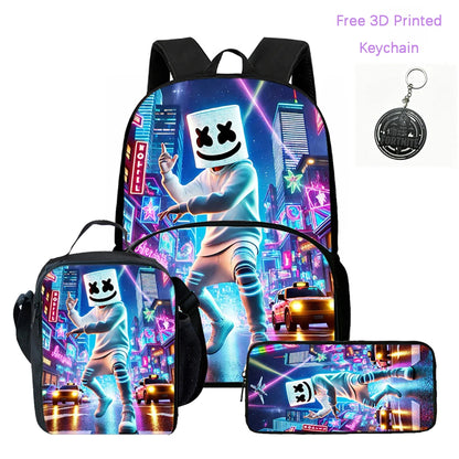 3Pcs FORTNITE Cartoon School Set Lightweight Backpack Front Pocket Lunch & Pencil Case For Kids Age 5-9 Free 3D Printed Keychain