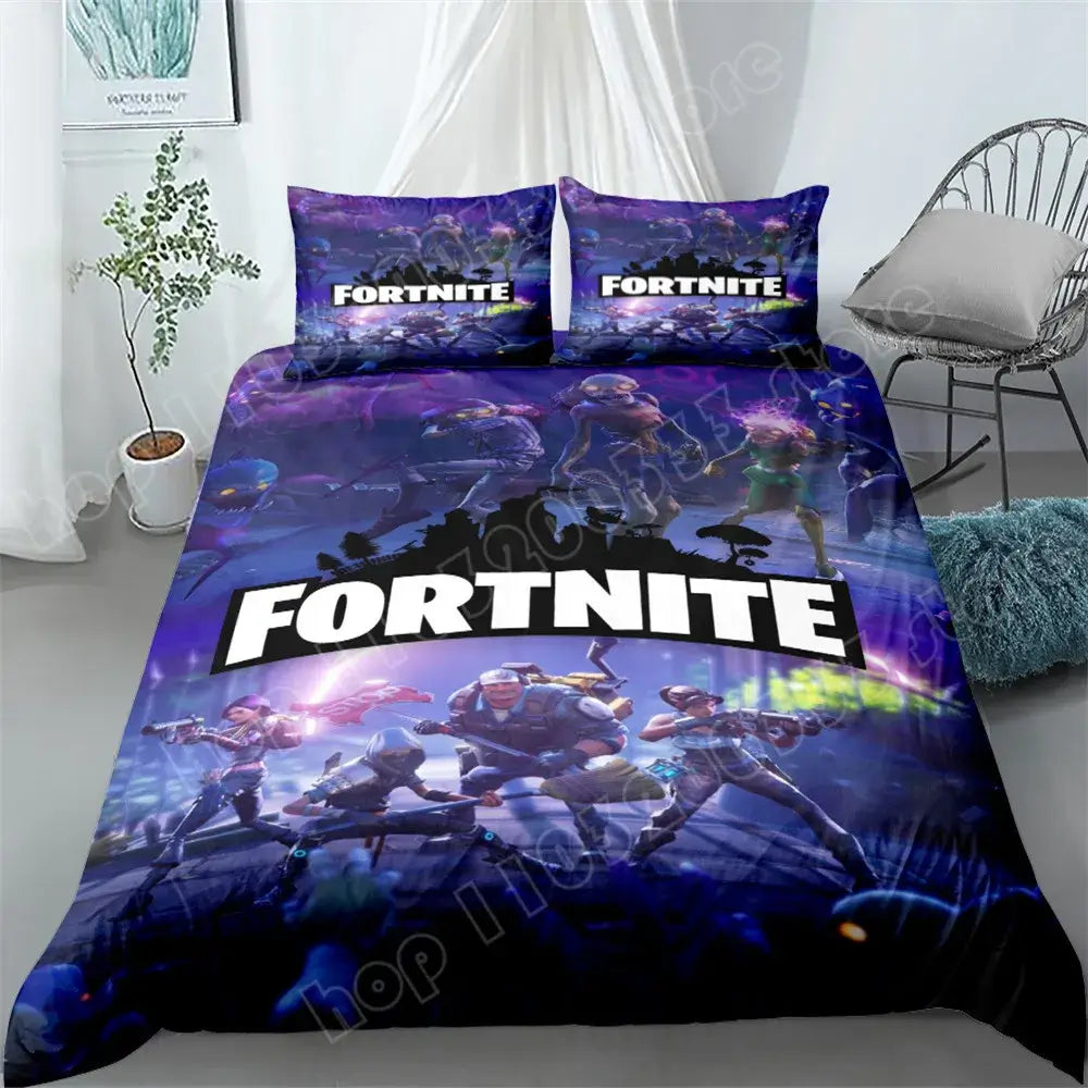Set de lenjerie de pat Fortnite, 3 piese, imprimare 3D, lenjerii pentru dormitor, joc, desen animat, lenjerie decorativă, husă de pilotă, față de pernă, cadou de ziua de naștere