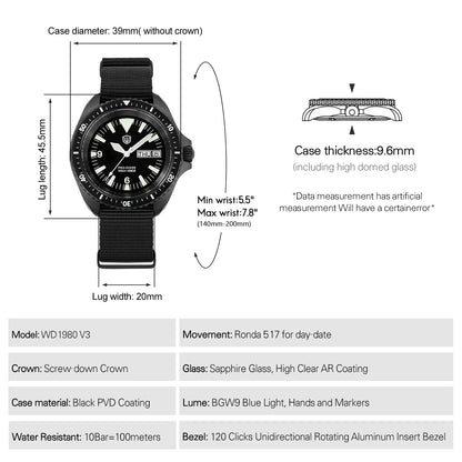 Watchdives WD1980 V3 Watch Vintage VH31 Quartz Movement Stainless Steel Watches Luminous K1 10Bar Waterproof Wristwatch