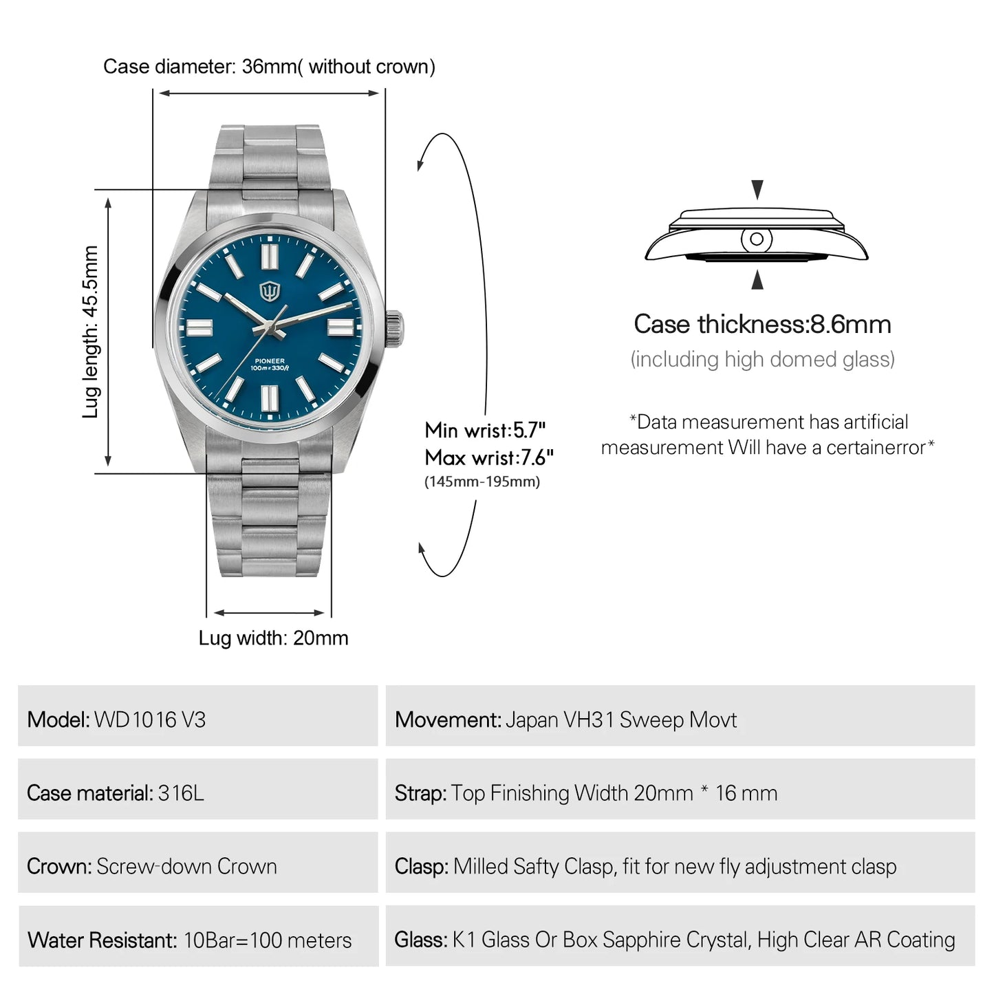 Watchdives WD1016 V3 36Mm Vintage Watch VH31 Sweep Quartz Watches Man Enamel Blue K1 Bubble Mirror Sapphire Lumes 10Atm Relojes