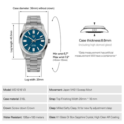 Watchdives WD1016 V3 36Mm Vintage Watch VH31 Sweep Quartz Watches Man Enamel Blue K1 Bubble Mirror Sapphire Lumes 10Atm Relojes