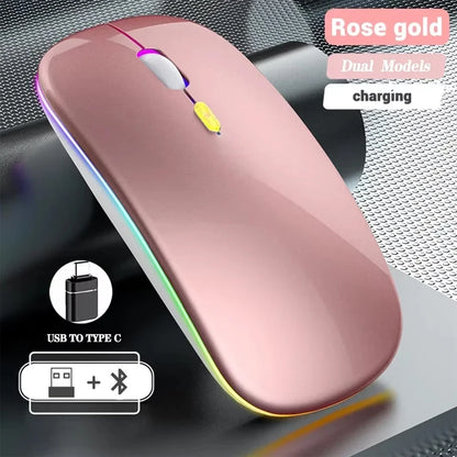 Rato sem fios recarregável de modo duplo, compatível com Bluetooth, 2.4G USB, para computador portátil, iPad, tablet e notebook, rato gaming