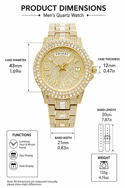 Men's Gold Quartz Watches Calendar Week Display Diamond Watch For Man Dropshipping