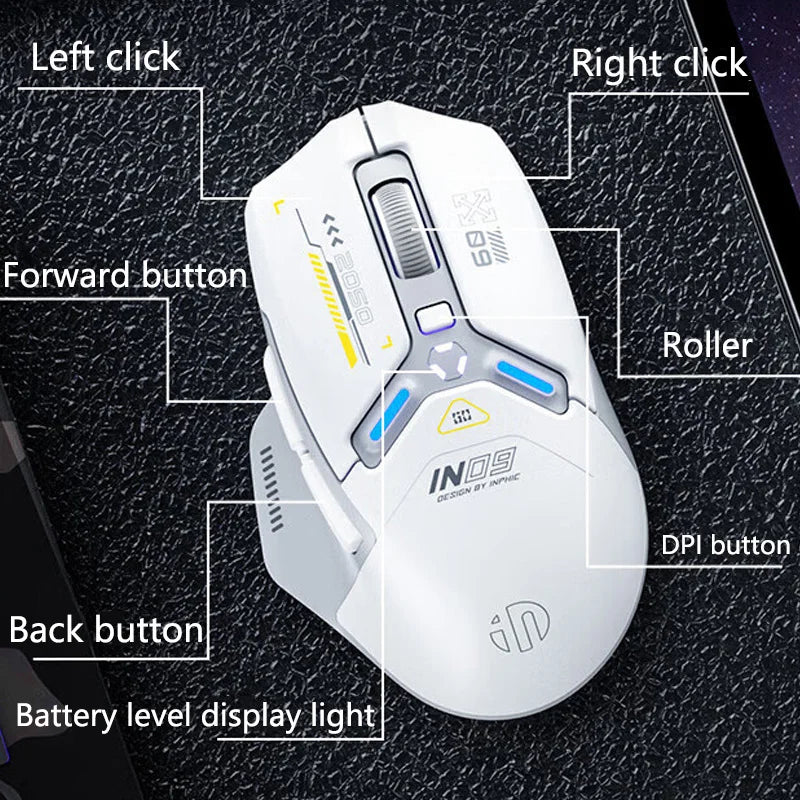 INPHIC IN9 Wireless Gaming Mouse Tri-Mode 2.4G Bluetooth & USB-C Wired, 12000 DPI RGB Programmable Gaming Mouse for PC & Laptop