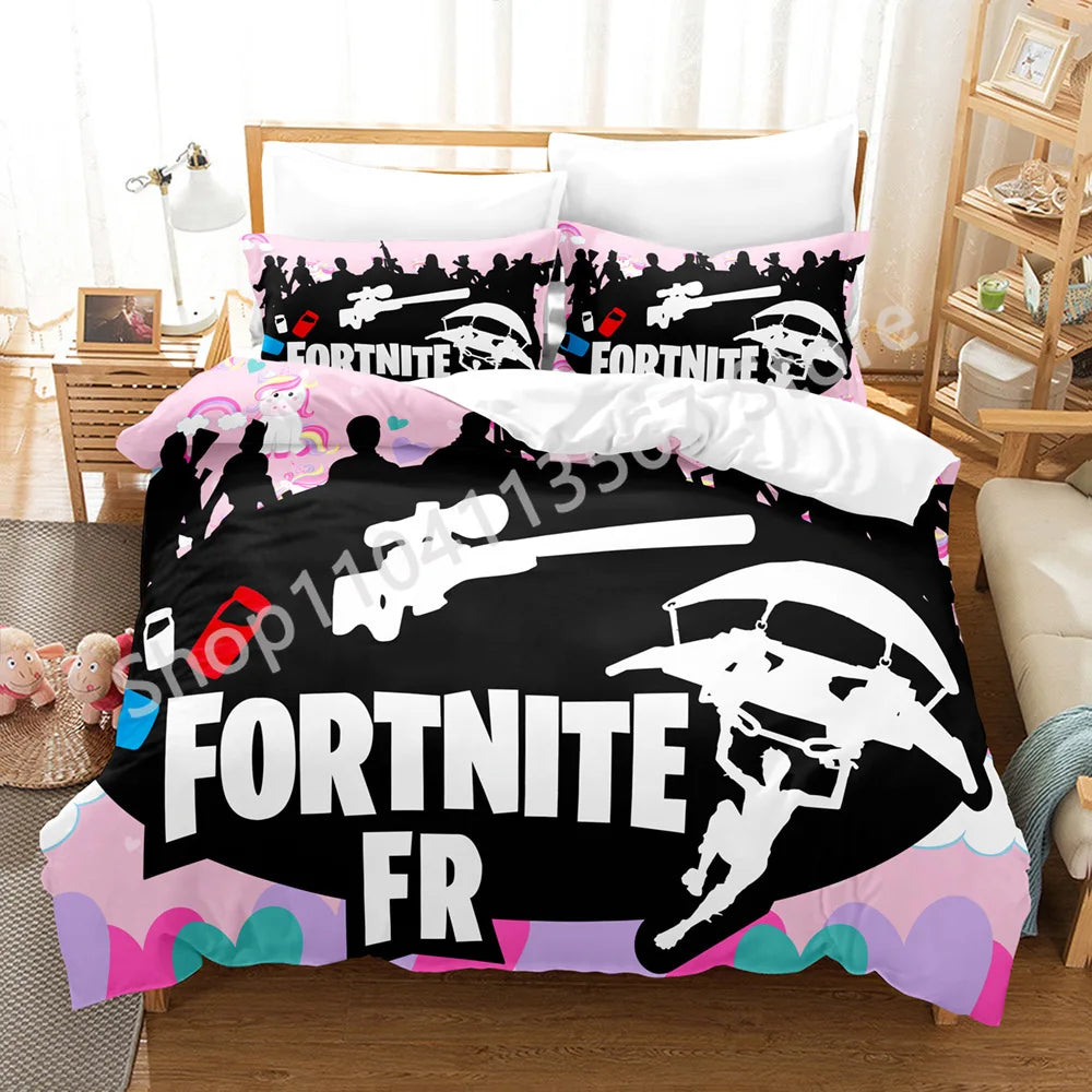 Conjunto de Cama Battle Royale F-Fortnite 3 Peças para Crianças, Capa de Edredão, Colcha e Fronha, Tamanho Duplo, Decoração de Quarto Victory Game
