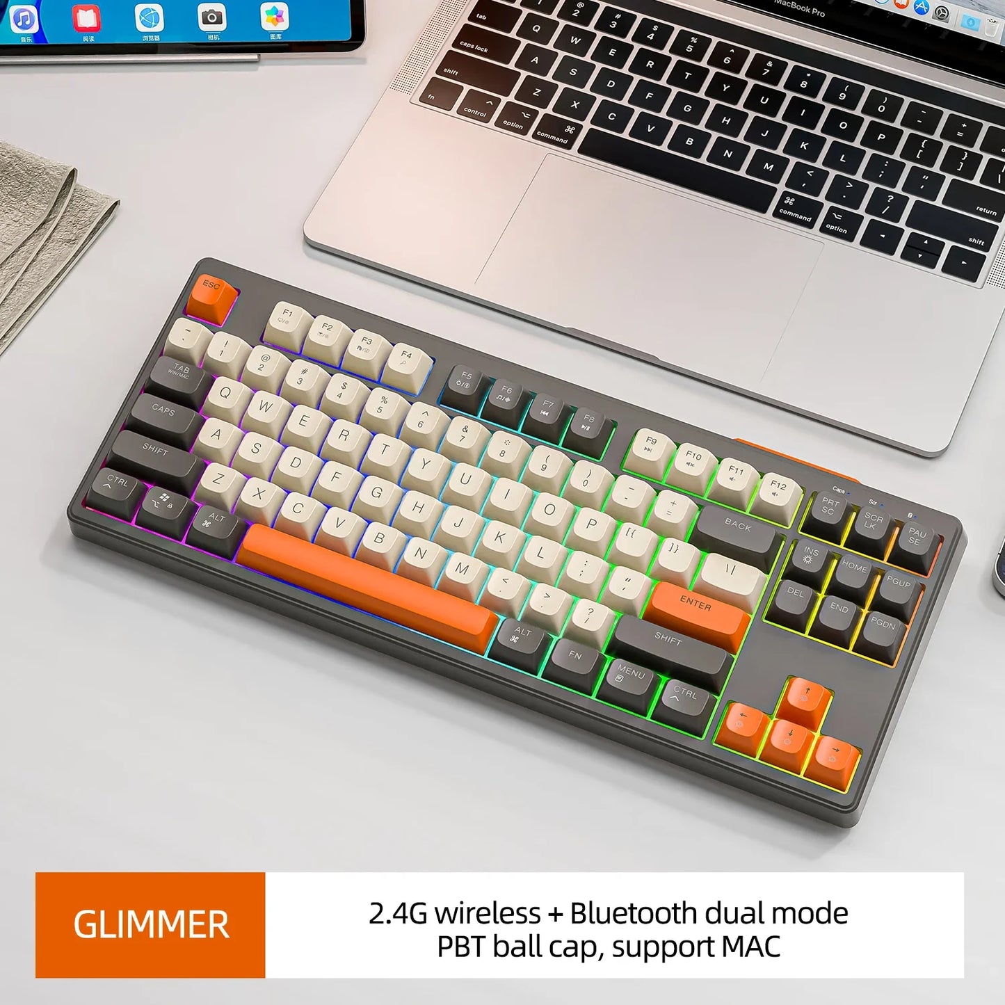 Teclado M87 Sem Fios Bluetooth de Modo Duplo, Sensação Mecânica para Gaming e Escritório, Silencioso, Teclas PBT Ball Cap, Luz Arco-Íris