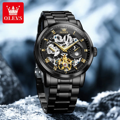 OLEVS 6670 Mens Watch Luxury Brand Skeleton Mechanical Watch Moon Phase Stainless Steel Watches For Man Gifts Box High Quality