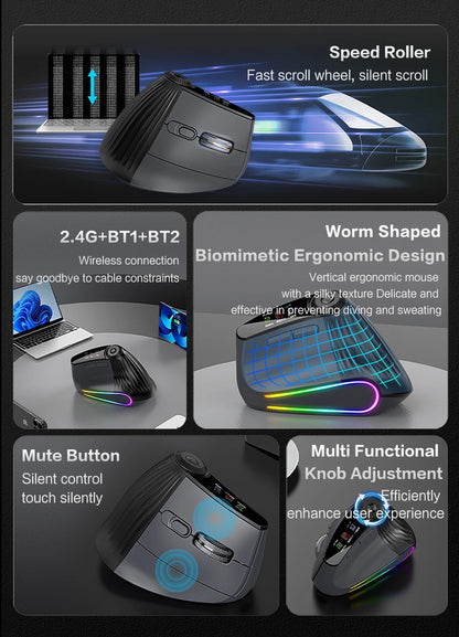 Backlit Wireless Ergonomic Mouse with Smart Flying Scroll,Function Adjustment Knob,Bluetooth&2.4G Rechargeable Gaming Mouse