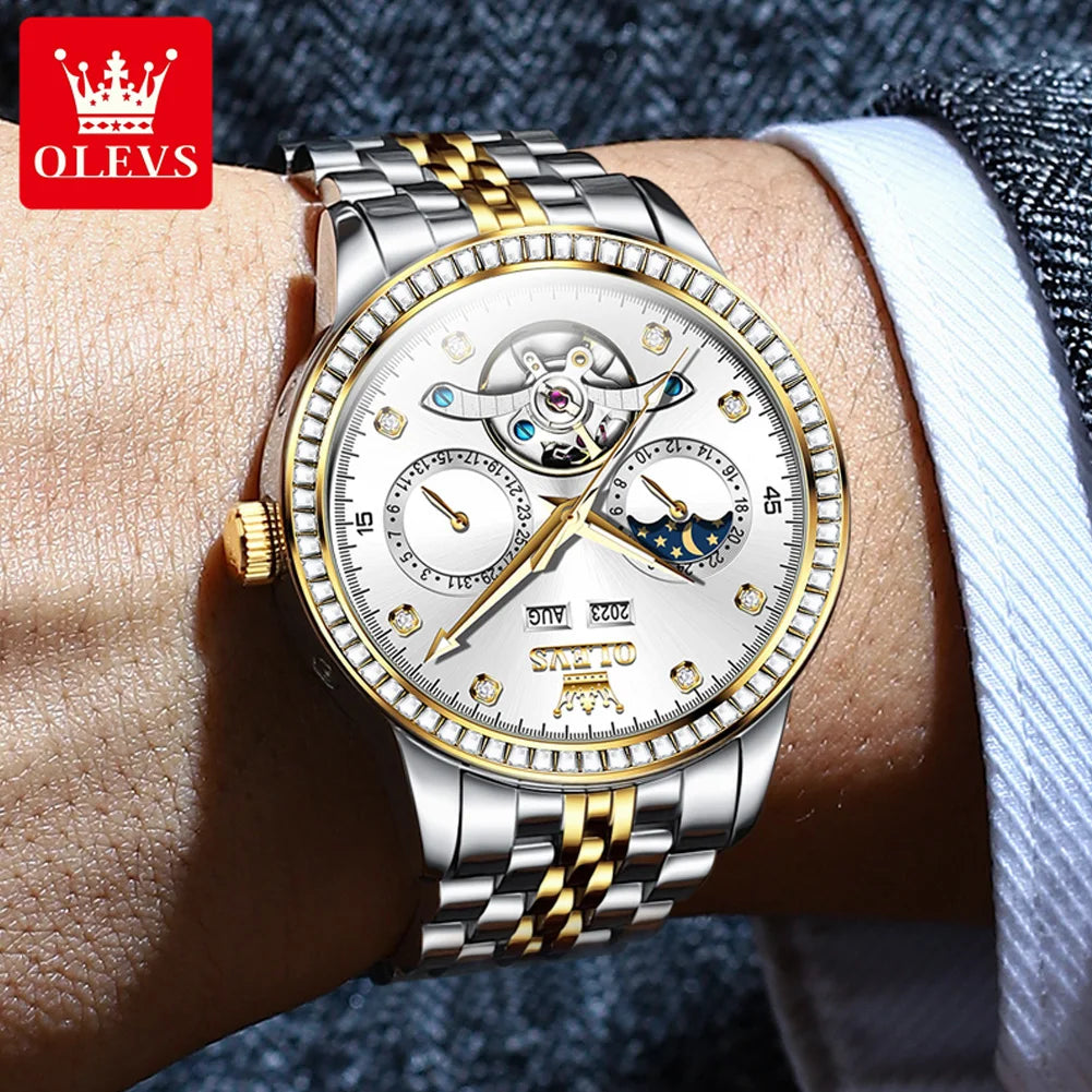 OLEVS 7016 Luxury Automatic Watch Men Skeleton Tourbillon Moon Phase Calendar Waterproof Stainless Steel Mechanical Wristwatch