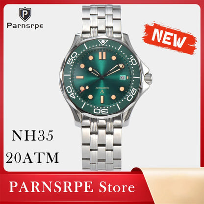 Parnsrpe 2026 New Miyota 8215 Automatic Dive Watch for Men Luxury Sport Green Dial Luminous Sapphire Crystal Date Waterproof Bus