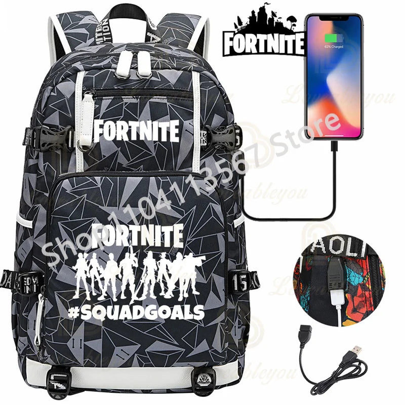 Mochila Yule Trooper F-Fortnited Battle Royale com carregamento USB, figuras anime e compartimento para material escolar para estudantes