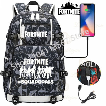 Mochila Yule Trooper F-Fortnited Battle Royale com carregamento USB, figuras anime e compartimento para material escolar para estudantes