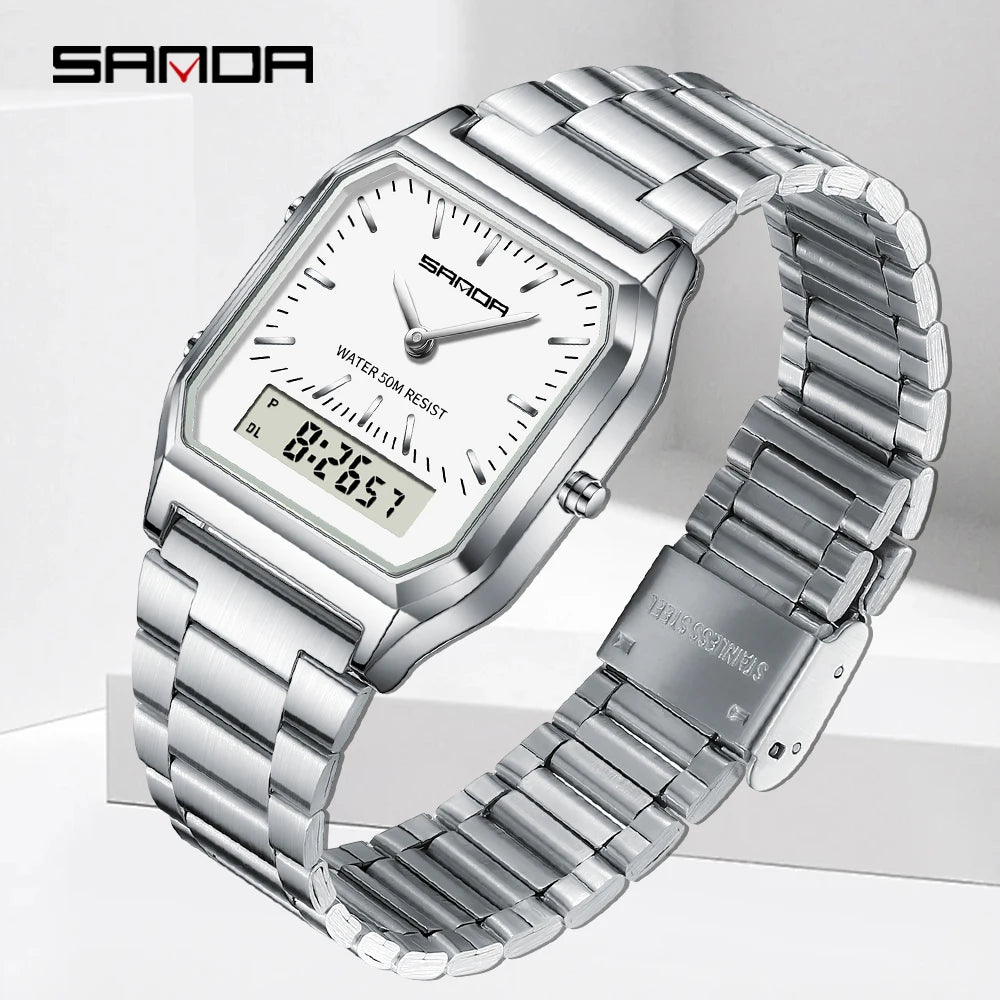 SANDA 747 Men’s & Women’s Luxury Digital Sports Watch  Stainless Steel, LED Dual Display & Waterproof