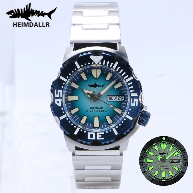 Relógio de mergulho masculino Heimdallr Sharkey Monster V2 em aço inoxidável 316L, movimento Japan NH36A, 200M à prova de água, relógios mecânicos para homem