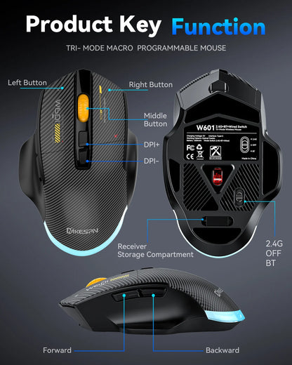 Rato Gaming Sem Fios Bluetooth, 12800 DPI, Rato RGB com Fio/Sem Fios com 7 Botões Programáveis, para PC e Portátil, Gaming