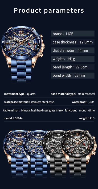 LIGE 2024 New Men Watch Top Brand Luxury Hollow Watch Men Waterproof Sport Quartz Chronograph Wrist Watch Man Relogio Masculino