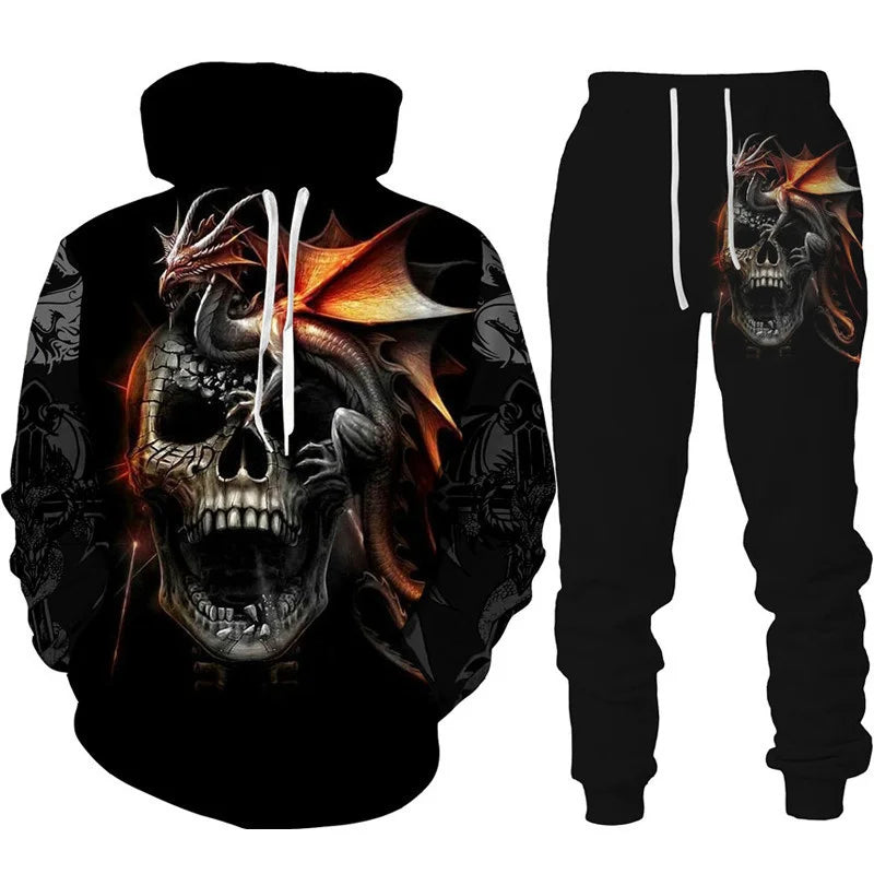 Conjunto de fato de treino para homem e mulher com estampado 3D de dragão retro tatuado, hoodie casual + calças, conjunto de 2 peças, sweatshirt oversized, moda masculina