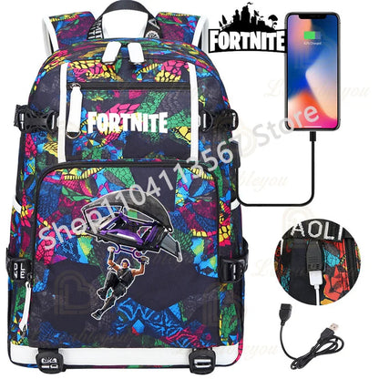 Mochila Red Jade F-Fortnited Battle Royale com carregamento USB, figuras anime e compartimento para material escolar para estudantes