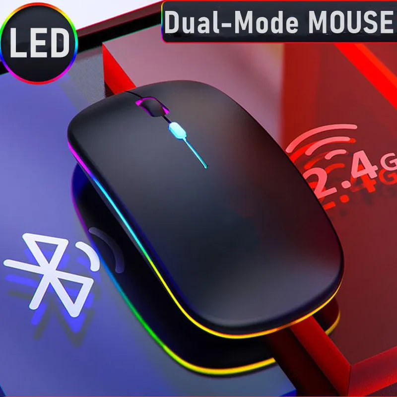 Rato sem fios recarregável de modo duplo, compatível com Bluetooth, 2.4G USB, para computador portátil, iPad, tablet e notebook, rato gaming