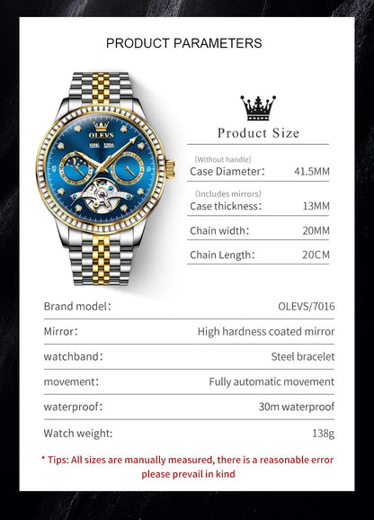 OLEVS 7016 Luxury Automatic Watch Men Skeleton Tourbillon Moon Phase Calendar Waterproof Stainless Steel Mechanical Wristwatch