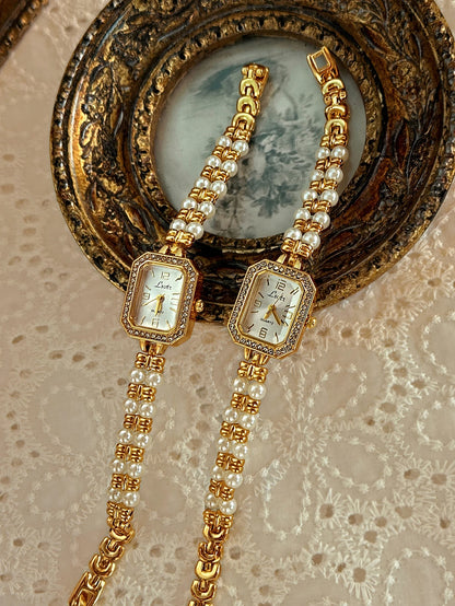 1 new gold luxury ladies waterproof quartz watch rectangular dial with double-row pearl bracelet simple niche ladies watch