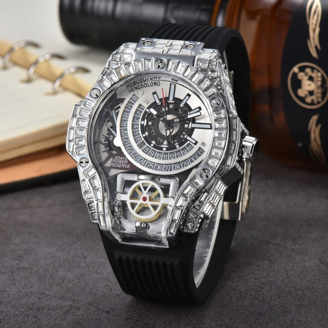 Full diamond Case Business Luxury Top Mens Watches Rubber Strap Color Creative Decorative Quartz Watch Men AAA Clocks Relogio
