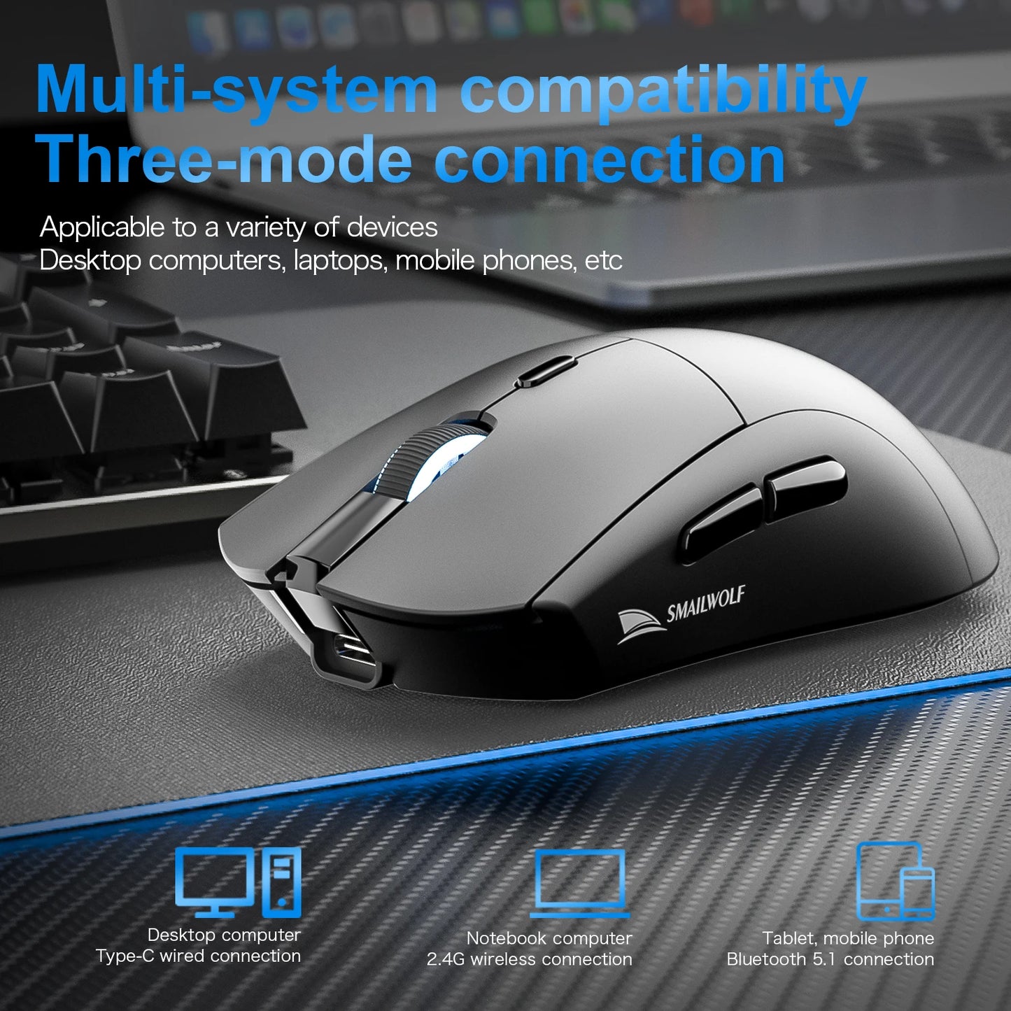 Rato gaming sem fios Bluetooth SMAILWOLF RS7, três modos, PAW3311, macros configuráveis, para portátil, gaming e escritório