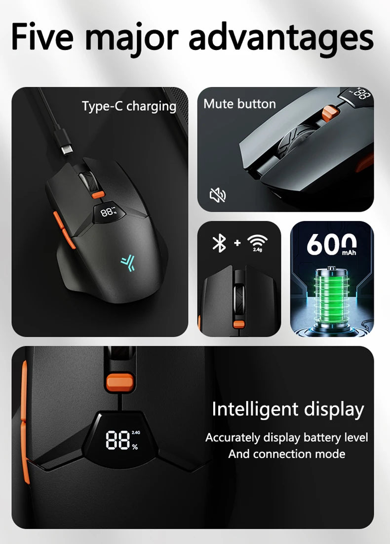 Warvank SX01 trådløs gamingmus med smart skærm, 6-trins DPI-justering, 600mAh genopladelig, lydløs kontor-Bluetooth-mus