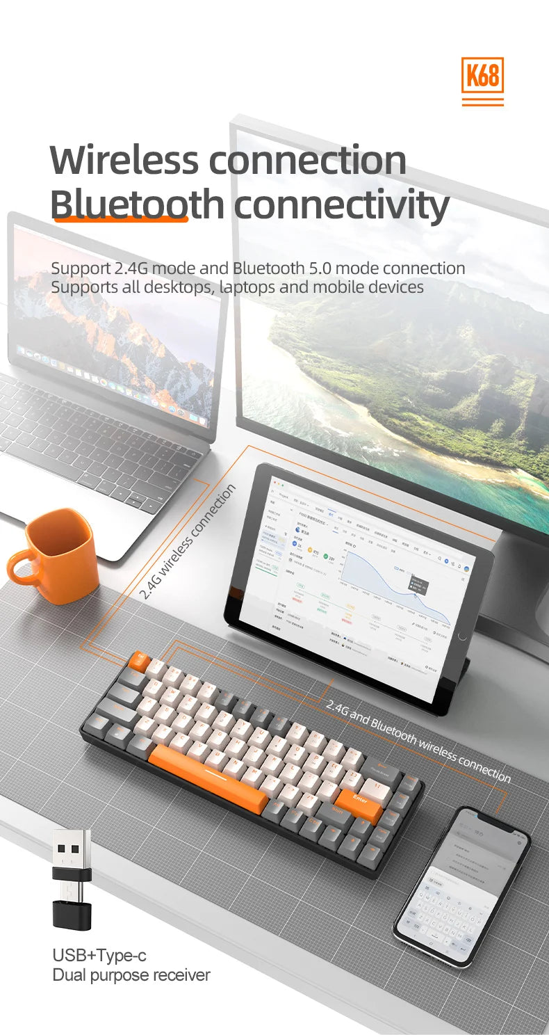 FREEWOLF K68 Mechanical Keyboard, Bluetooth Wireless, Blue and Red Switches, Hot-swap, Small Size Mini Keyboard