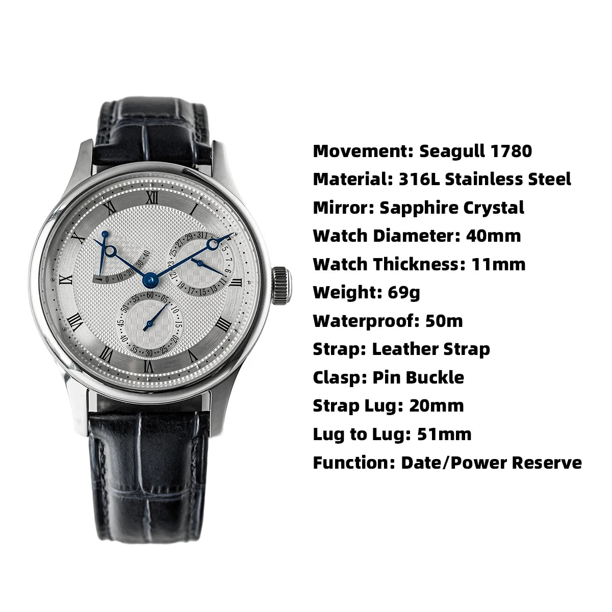 Relógio de Homem Pilot 40mm 1963 Automático Mecânico de Pulso, Movimento Tianjin ST1780, Design Militar, Novo 2024