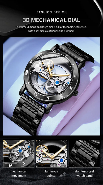AKDPN Men's Watches Automatic Mechanical Stainless Steel Men's Wrist Watch Skeleton Automatic Watches for Man Watch Montre Homme