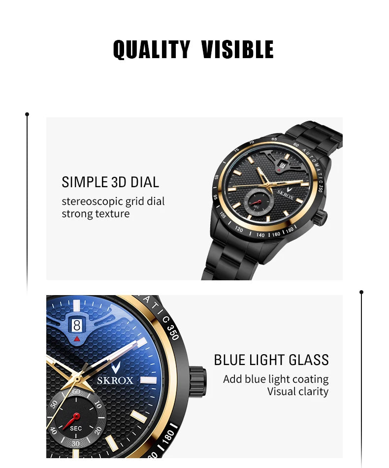 SKROX Luxury Sapphire Stainless Steel Automatic Movement Mechanical Clockwork Man Watch Military Waterproof Men's Wrist Watches