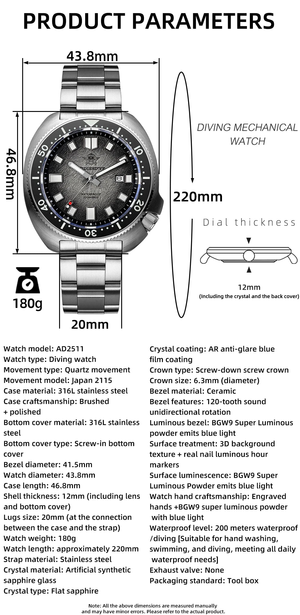 ADDIESDIVE Men's Luxury Watch 20Bar Waterproof  Display AD2511 Sapphire Glass Reloj Hombre BGW9 Super Luminous Quartz Watches