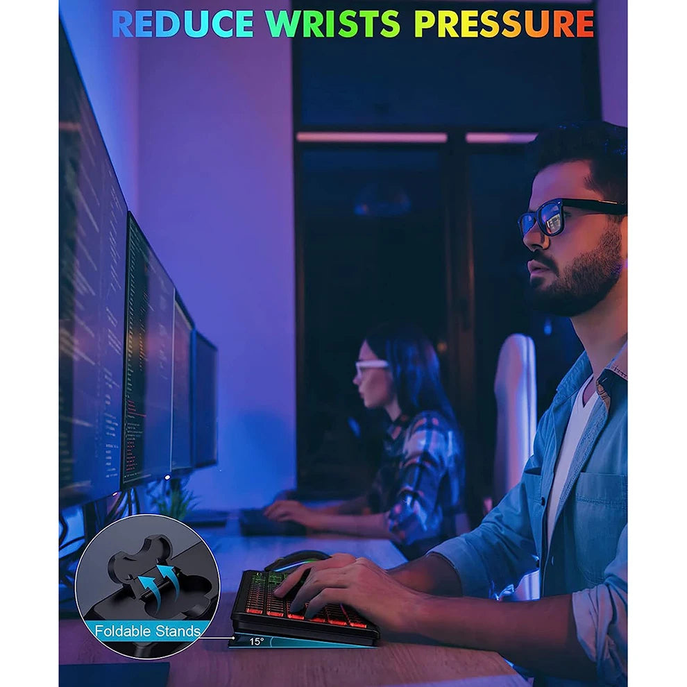 Conjunto de teclado e rato sem fios com retroiluminação RGB, letras iluminadas recarregáveis, tamanho completo, ergonómico, modo de suspensão, 2.4GHz