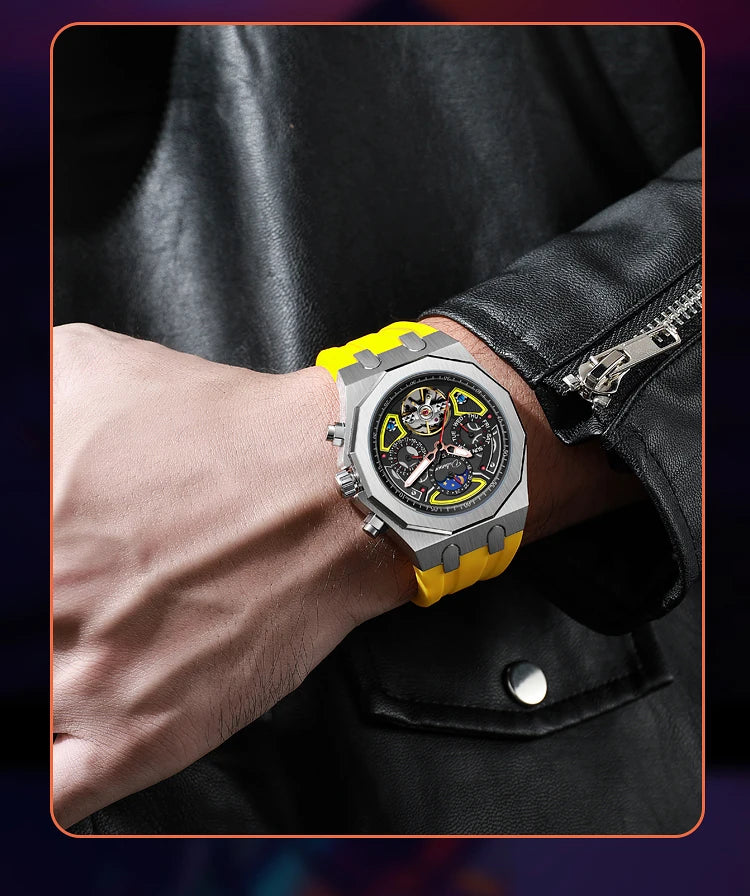 Top Brand Sport Watches with Tourbillon Stainless Steel Rubber Strap Multifunction Dial Automatic Watches Reloj Hombre New