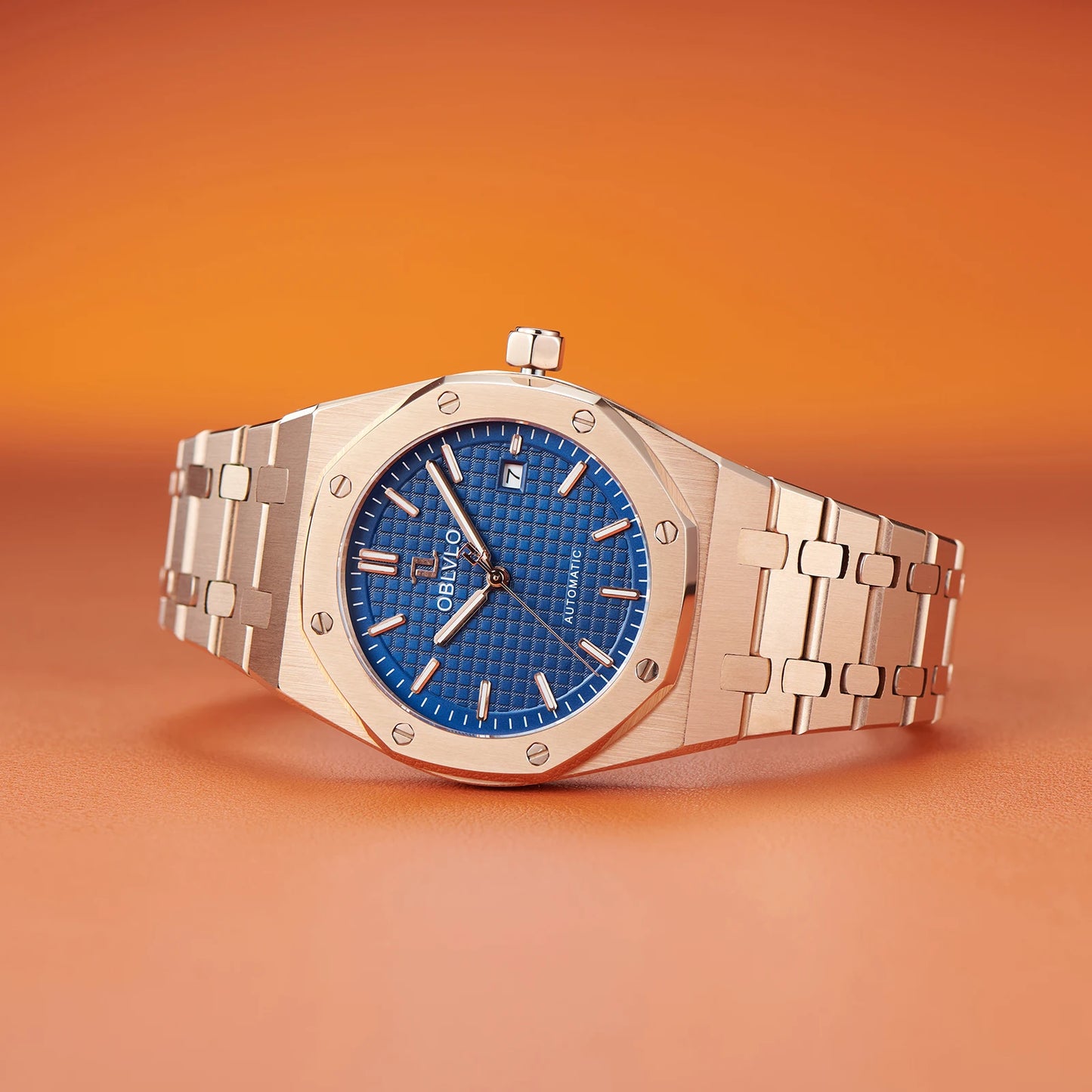 OBLVLO TM-ASP Luxury Men's Watch 41mm Blue Dial Rose Gold Automatic Luminous Waterproof Mechanical Casual Business Watch