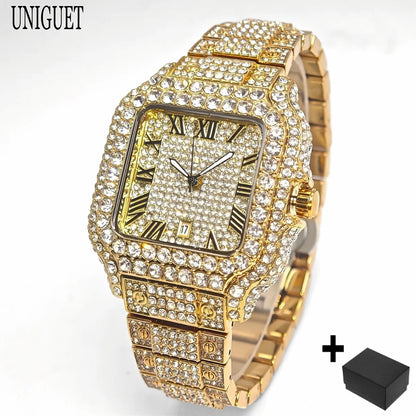 UNIGUET Cool Men's Watch Luxury Stainless Steel Quartz Watch Hip Hop Black Diamond Square Design Fashion Iced Wristwatch for Men
